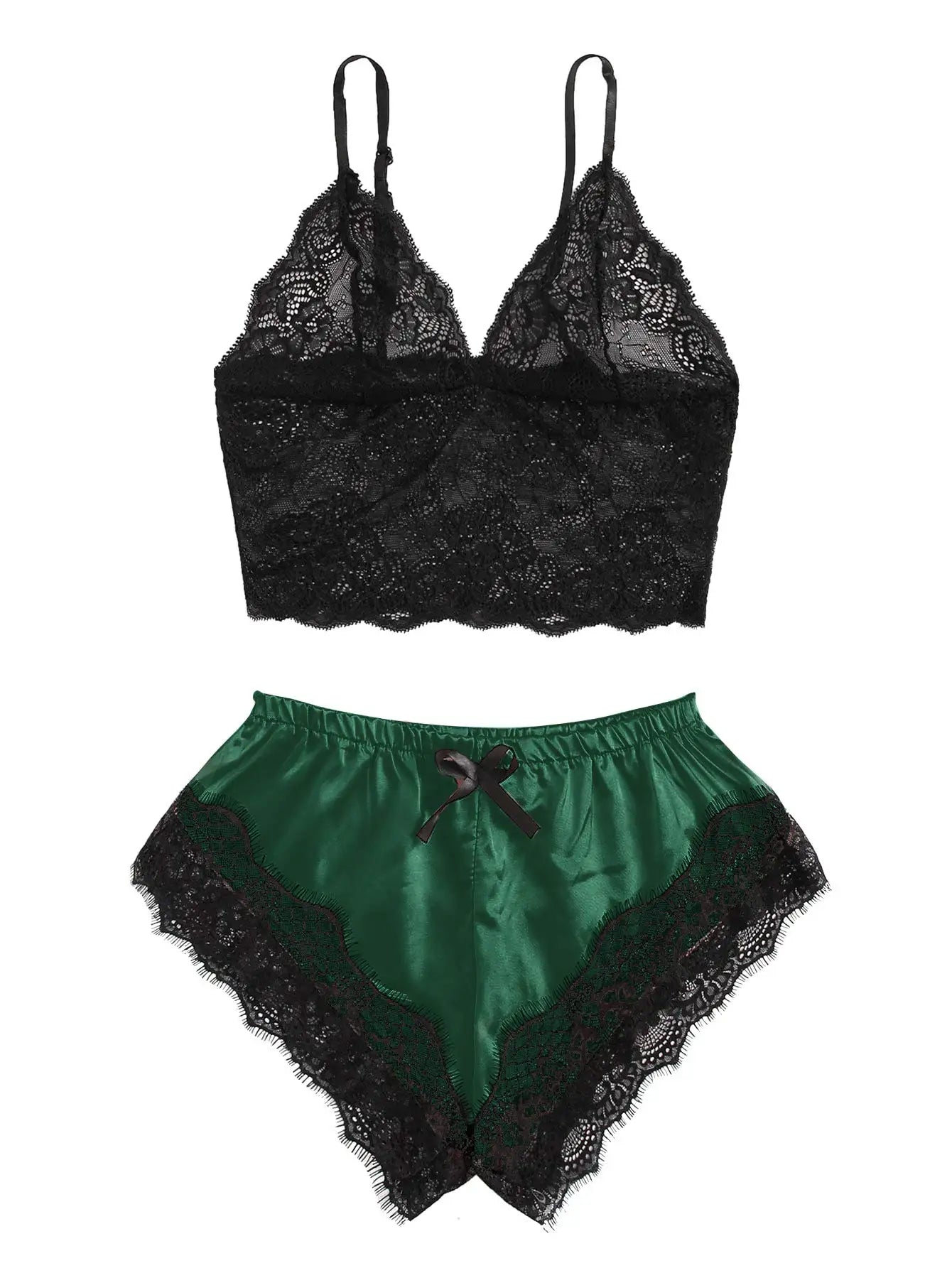 Women's 2 Piece Sexy Lace Pajama Set See-Through Bralette Cami Top and Shorts Breathable Sleepwear Plus Size Summer Lingerie Peaceful Pleasures Health and Wellness Green 1XL