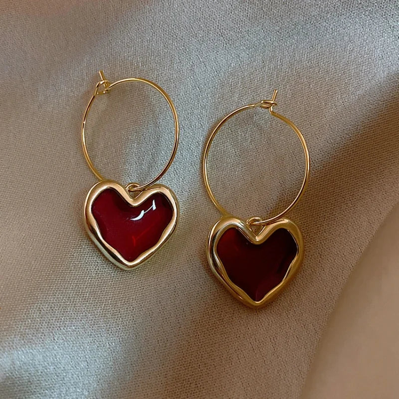 Wine Red Heart-shaped Earrings Women Simple Temperament Versatile