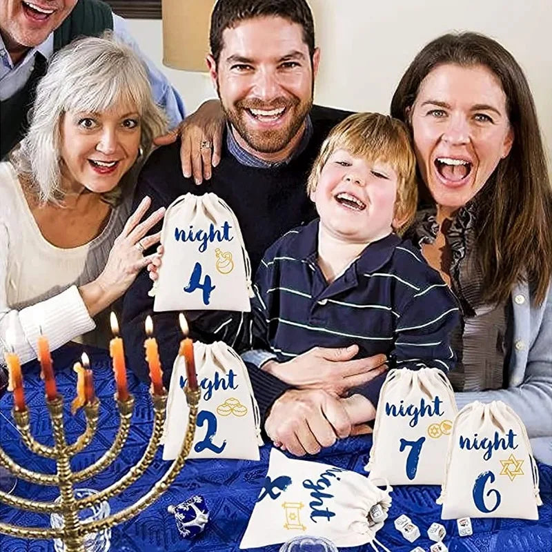8 Nights Hanukkah Drawstring Bags | Chanukah Countdown Pouches Holiday Countdown Pouches Peaceful Pleasures Health and Wellness
