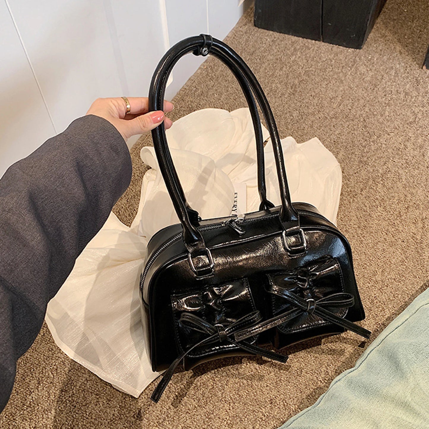 Ladies Elegant PU Shoulder Bag Fine Workmanship and Temperamental Handbag Exquisite Gift for Ladies Birthday Peaceful Pleasures Health and Wellness black