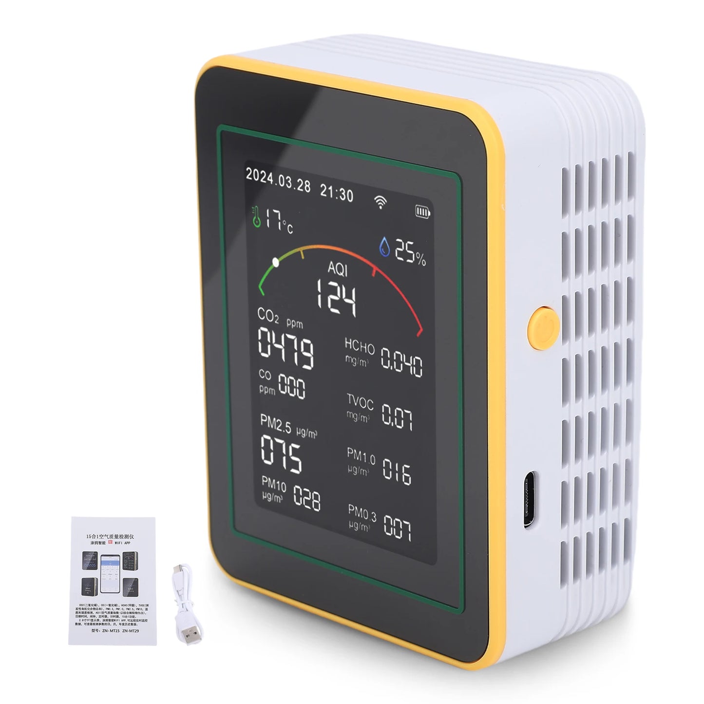 Air Quality Monitor,15-in-1 WiFi Air Detector with Color LCD Screen Fit for Tuya Smart,Detects PM2.5 PM10 TVOC Temp Humidity Peaceful Pleasures Health and Wellness B