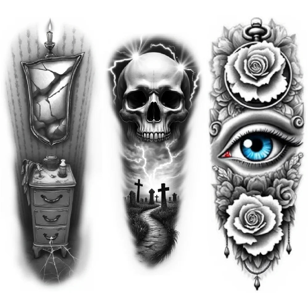 3-Pack Black & Grey Cobweb Rose Temporary Tattoos | Waterproof