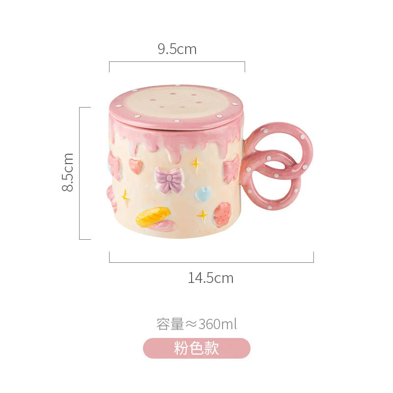 Hand-Painted Cake Ceramic Mug with Lid – Large Capacity Cup