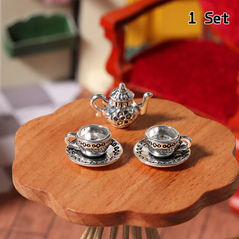 1:12 Dollhouse Miniature Metal Tea Set – Teapot Cup Saucer