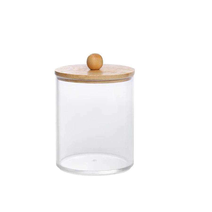 Qtip Holder Clear Apothecary Jar with Bamboo Lid – 10oz Bathroom Organizer Storage Container for Cotton Pads & Swabs