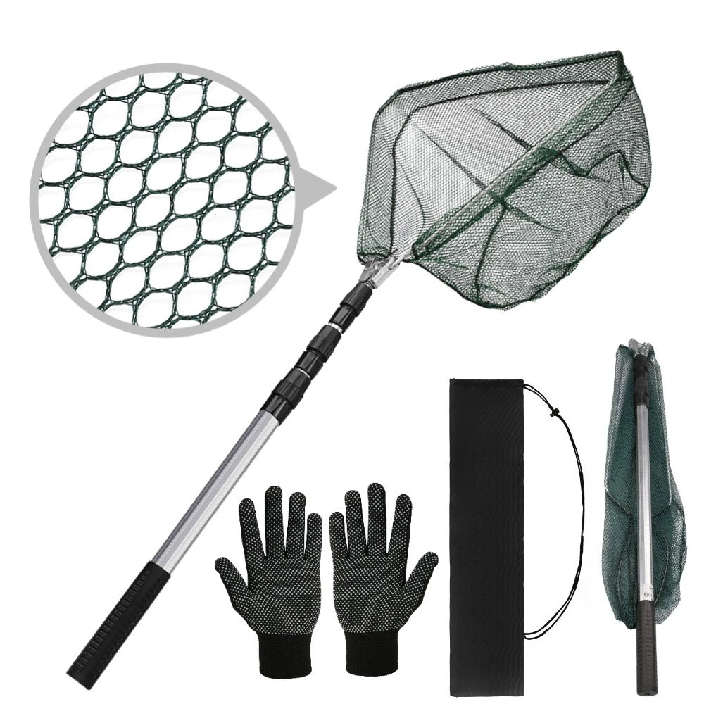 Telescoping Foldable Fishing Landing Net with Glove & Bag