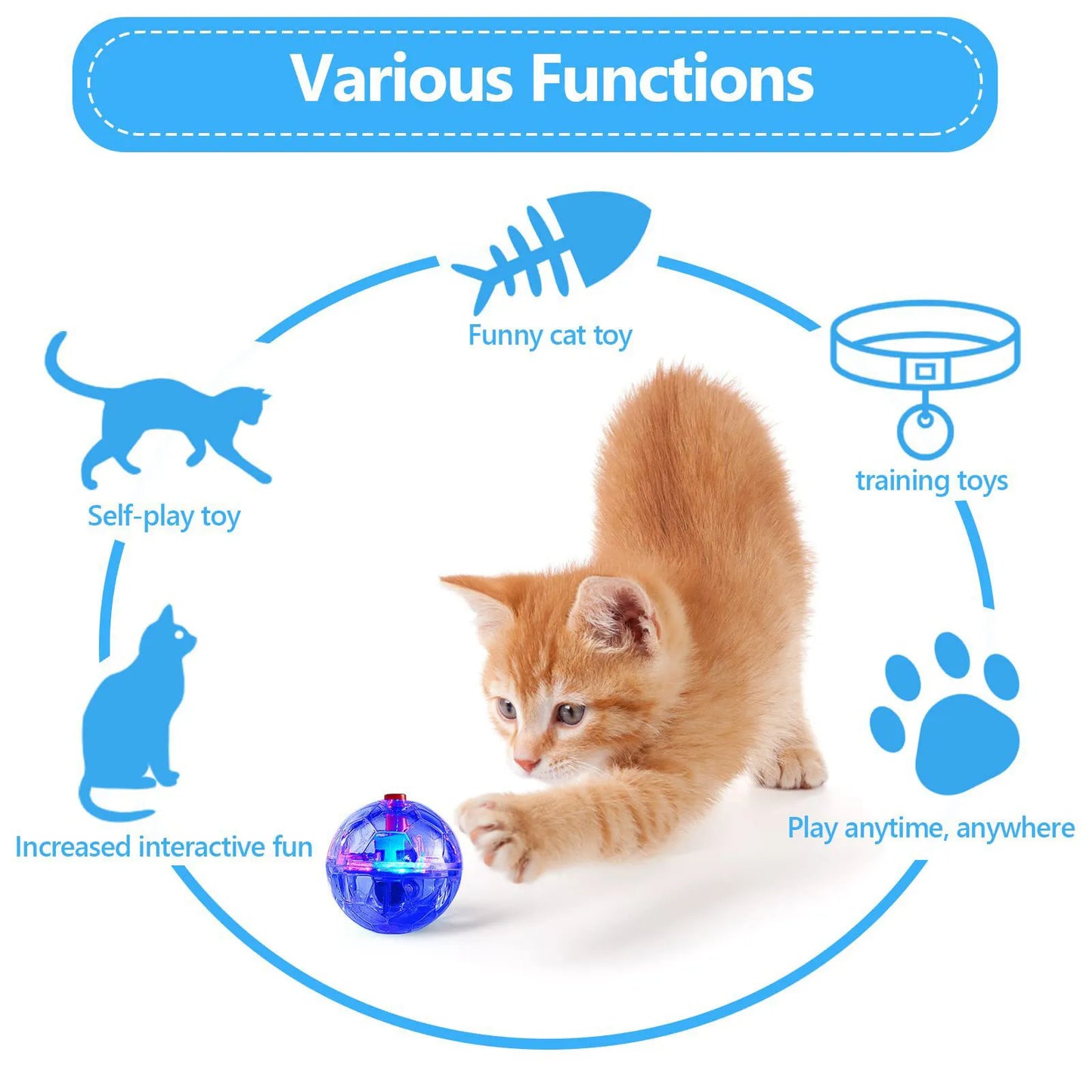 3Pcs Cat Motion Light Up Interactive Flash Ball Ghost Small Battery Powered Paranormal Equipment Portable LED Gift Pet Toys Peaceful Pleasures Health and Wellness
