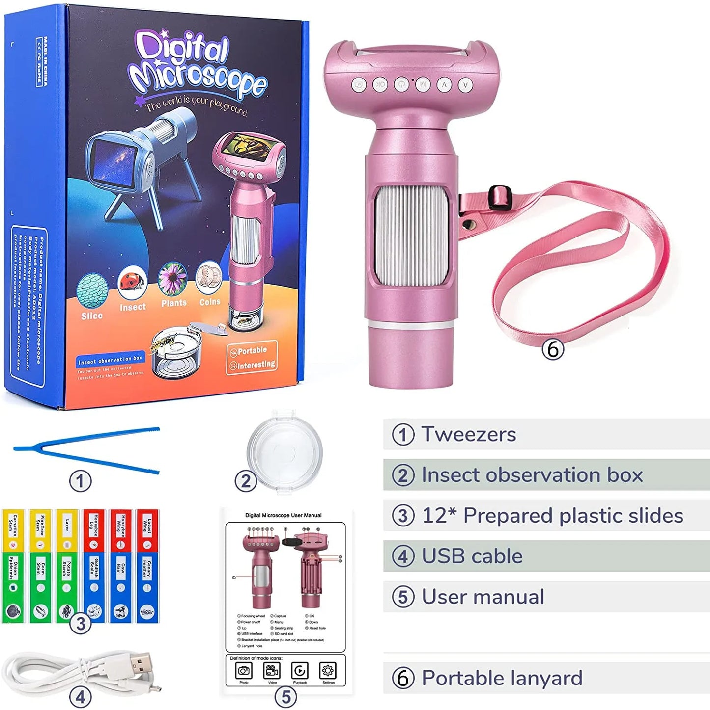 Children's Digital Microscope Camera 3-In-1 Children's Puzzle Toy 2-Inch Large Screen Peaceful Pleasures Health and Wellness