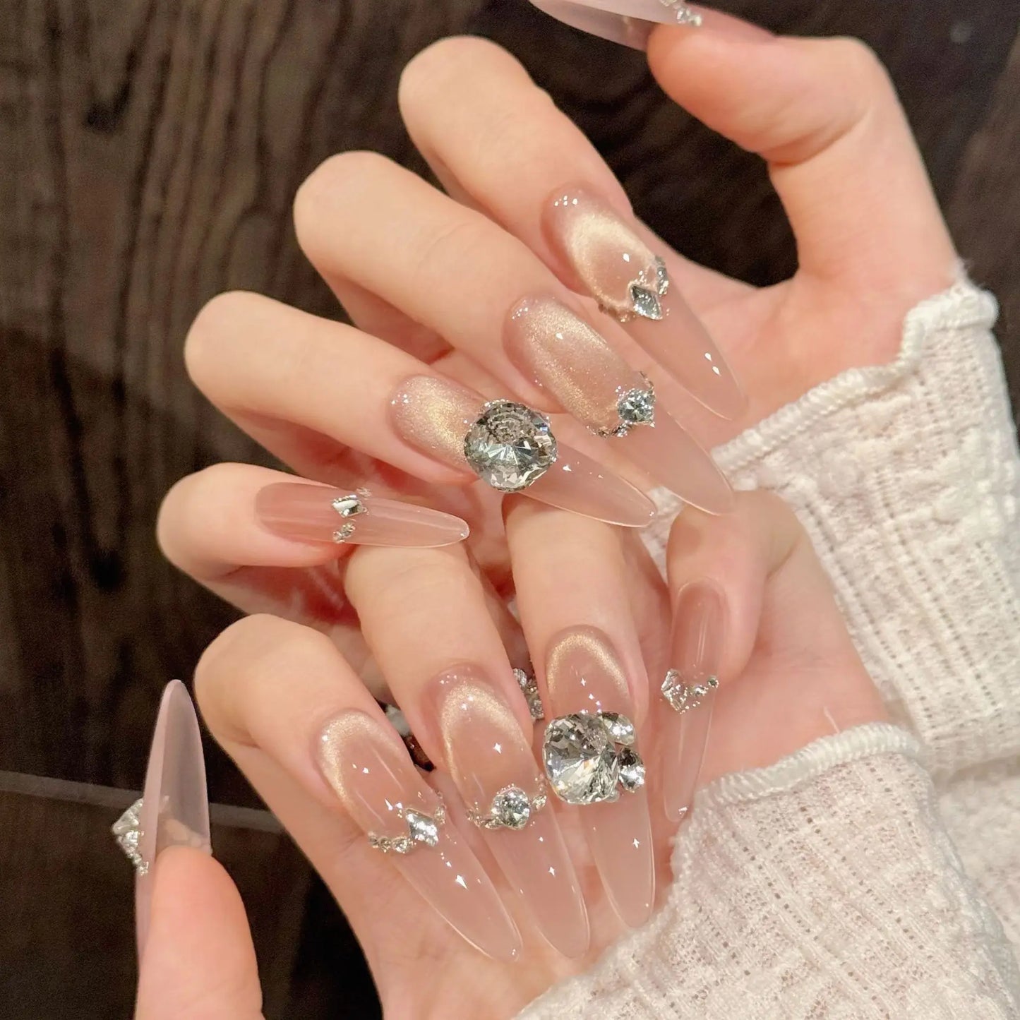 10pcs Handmade Champagne Flash Anti-French Press on Nails Cat's Eye Fake Nails Luxury Wearable Long False Nails K9 Diamond Decor Peaceful Pleasures Health and Wellness XS 1