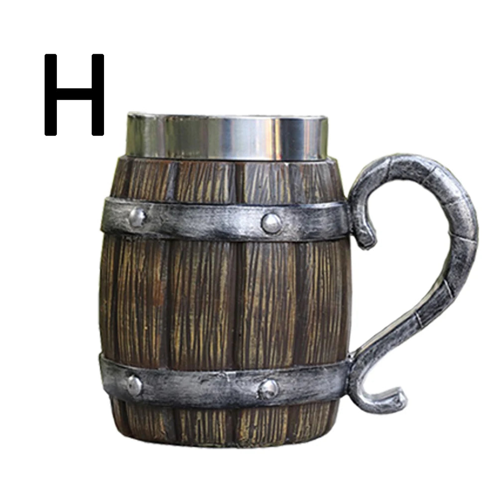 Wooden Barrel Beer Cup Stainless Steel Coffee Mug Viking Style Vintage Beer Mug Double Wall Drinking Cup Halloween Bar Drinkware Peaceful Pleasures Health and Wellness H 600ml