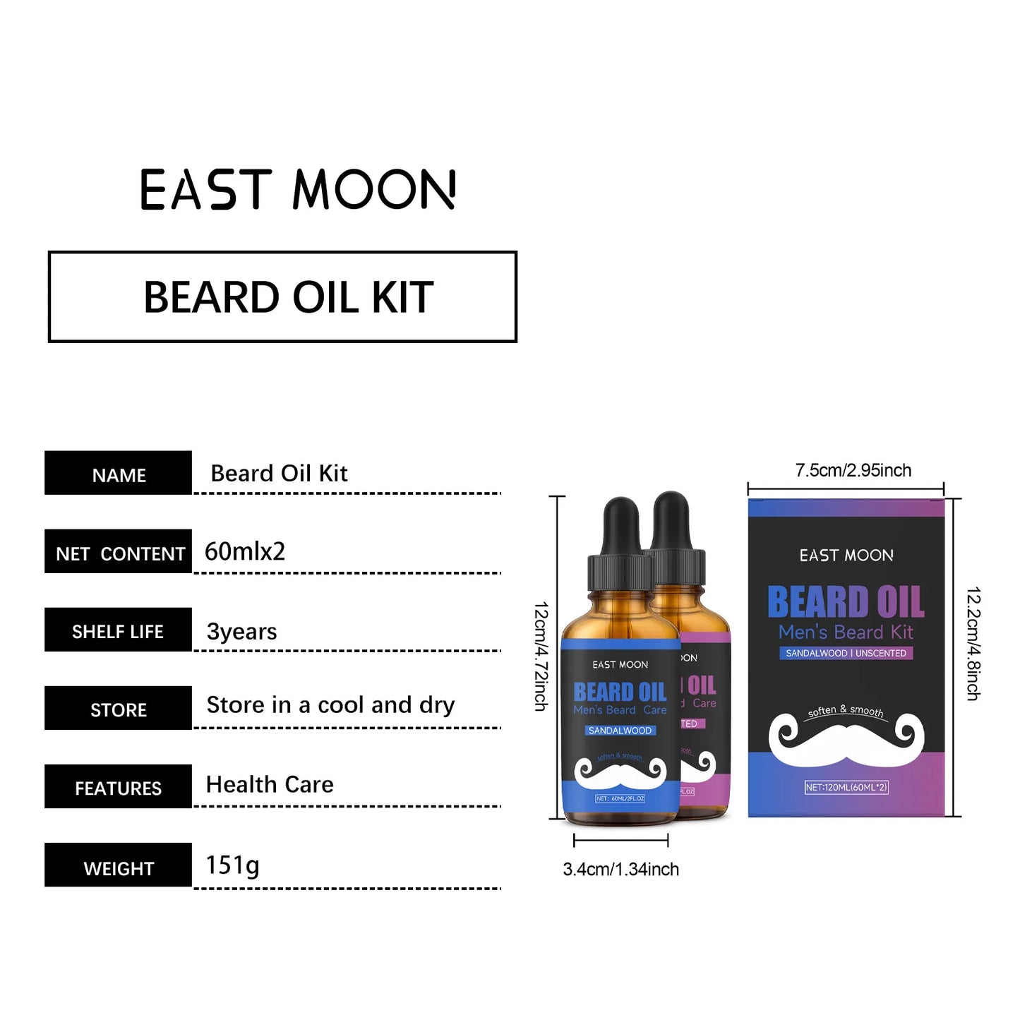 East Moon Beard Oil Set – Nourishing, Non-Greasy Formula | 2×60ml