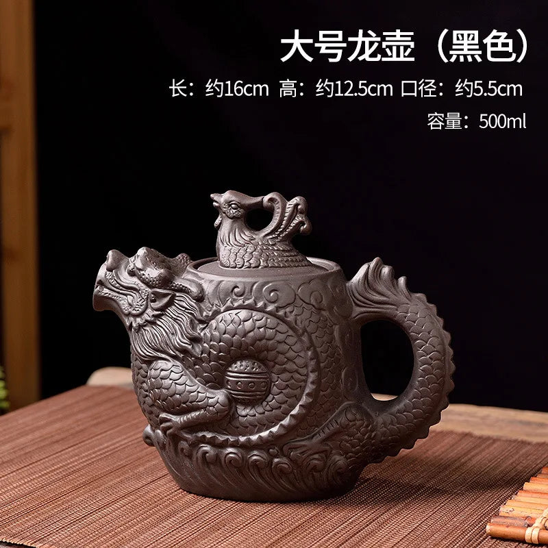 Chinoiserie large capacity dragon and phoenix teapot purple clay teapot kung fu tea set suit teapot tea maker Peaceful Pleasures Health and Wellness Black