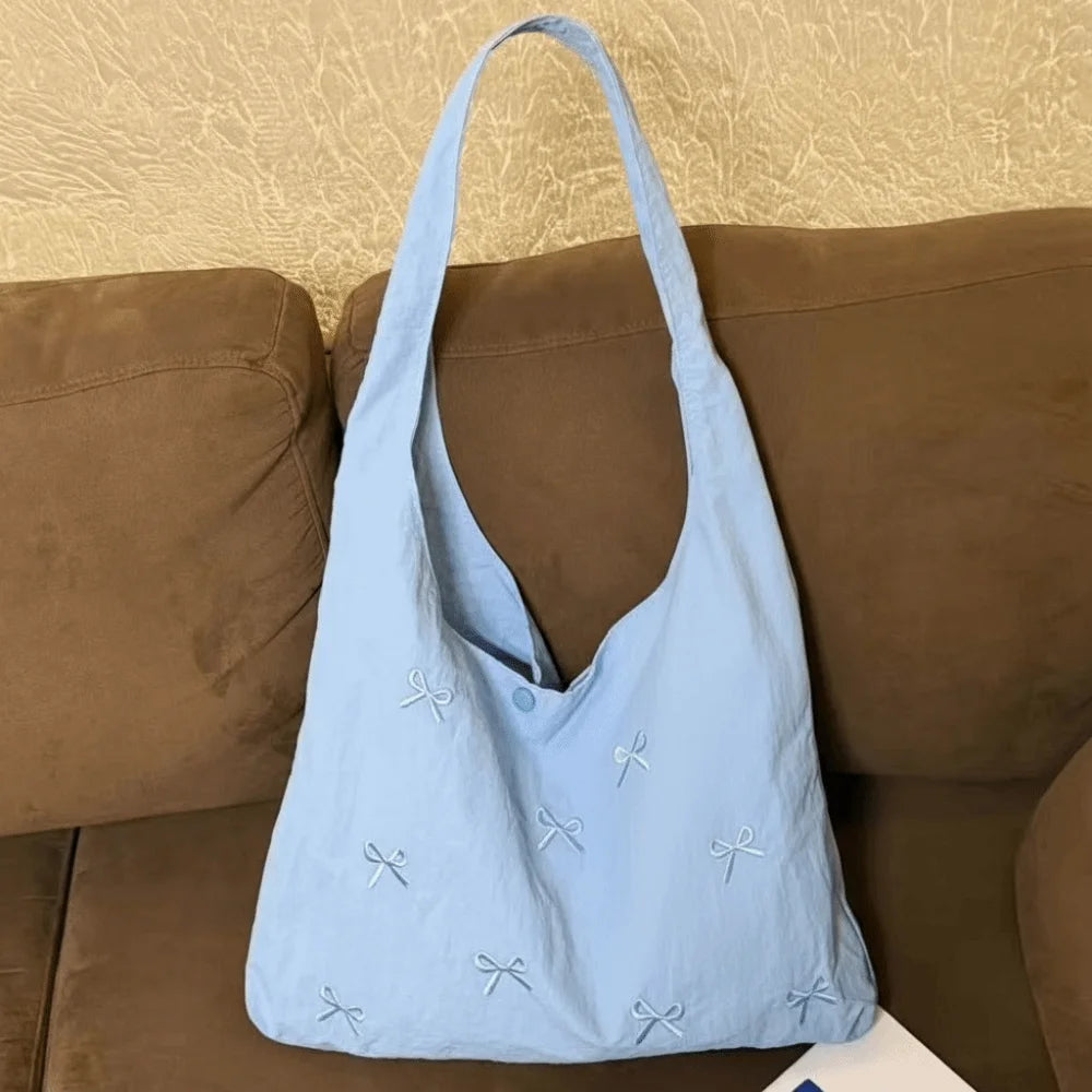 Bowknot Embroidered Canvas Tote Bag | Large Shoulder Handbag Canvas Tote Bag Peaceful Pleasures Health and Wellness Blue