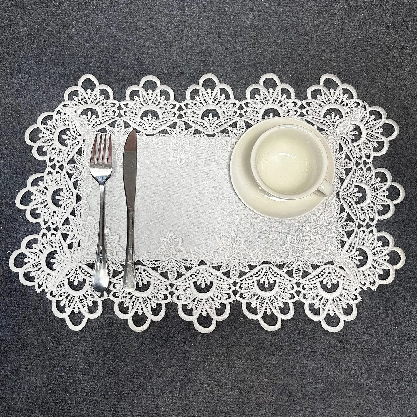 Battilo White Lace Placemats for Dining Table Embroidered Rectangle Cup Mat Set of 2 Decorative Table Mats Wedding Party Decor Peaceful Pleasures Health and Wellness White 30x45cm(2pack) Flower