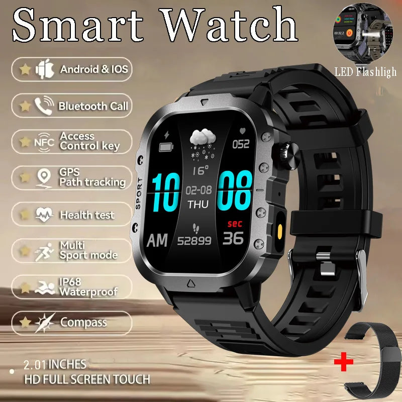 Military Smart Watch Men's Outdoor Sports Waterproof Watch 2.01" HD Touch Screen Voice Bluetooth Call GPS Tracking Smartwatch Peaceful Pleasures Health and Wellness BK22Milan