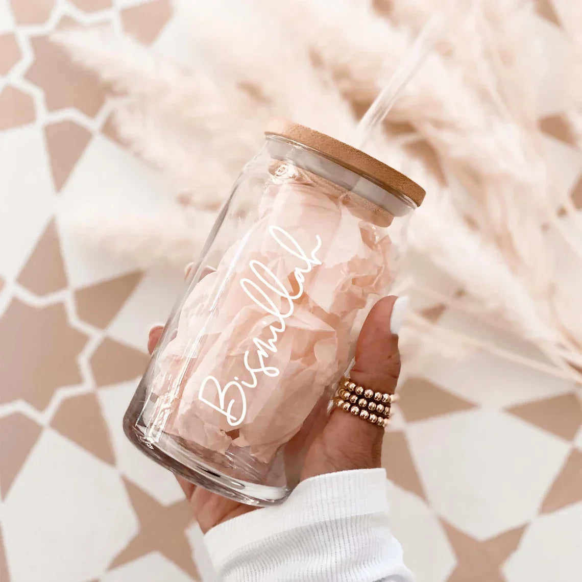 Bismillah Glass Can Cup with Lid & Straw | Eid Ramadan Gift Glass Can Cup Peaceful Pleasures Health and Wellness B 16OZ