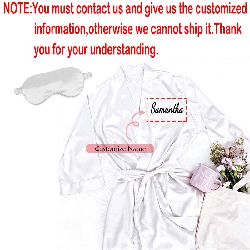 Personalized Name Bridesmaid Bathrobe & Eye Mask Set Elegant Soft Satin Robe Wedding Bachelorette Party Bridal Shower Decoration Peaceful Pleasures Health and Wellness custom white XXL
