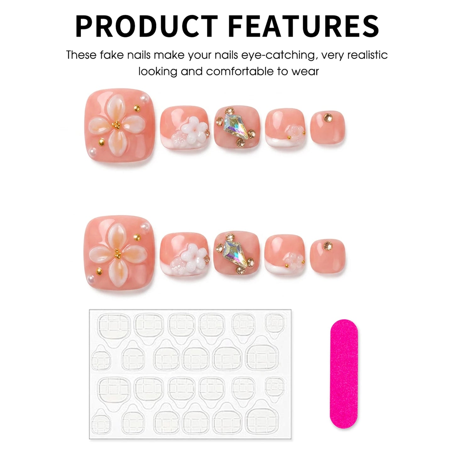 3D Flower Press-On Toe Nails Rhinestone French Style | 10pc