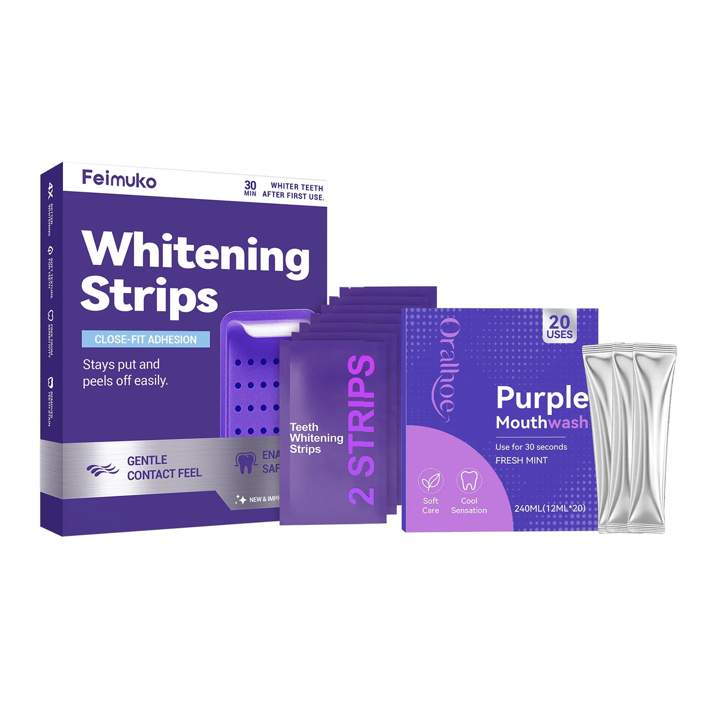 Purple Teeth Brightening Strips & Mouthwash Dental Kit