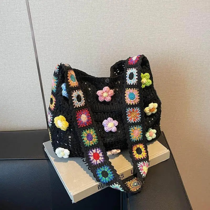 Women's Crochet Flower Knitted Tote Bag | Large Beach Shoulder Bag