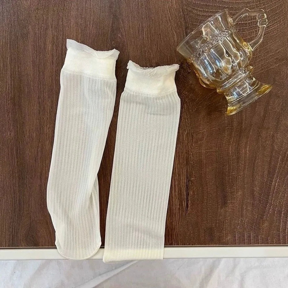 Women's Ruffled Lace Mesh Socks | Sheer Ice Silk Mid-Tube Lace Mesh Socks Peaceful Pleasures Health and Wellness One Size Stripe