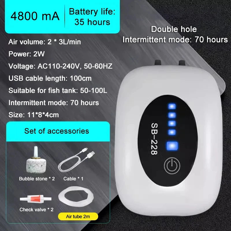 Portable Rechargeable Aquarium Air Pump 6000mAh USB Silent