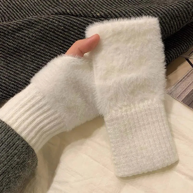 Women's Mink Fleece Fingerless Gloves | Half Finger Winter Mitts