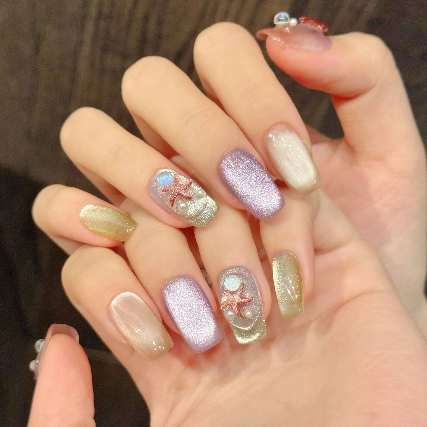 10pcs Handmade Press on Nails Shiny Cat Eye Fake Nail Tips with Starfish Wearable Full Cover Summer Ocean Beach False Nails Peaceful Pleasures Health and Wellness L