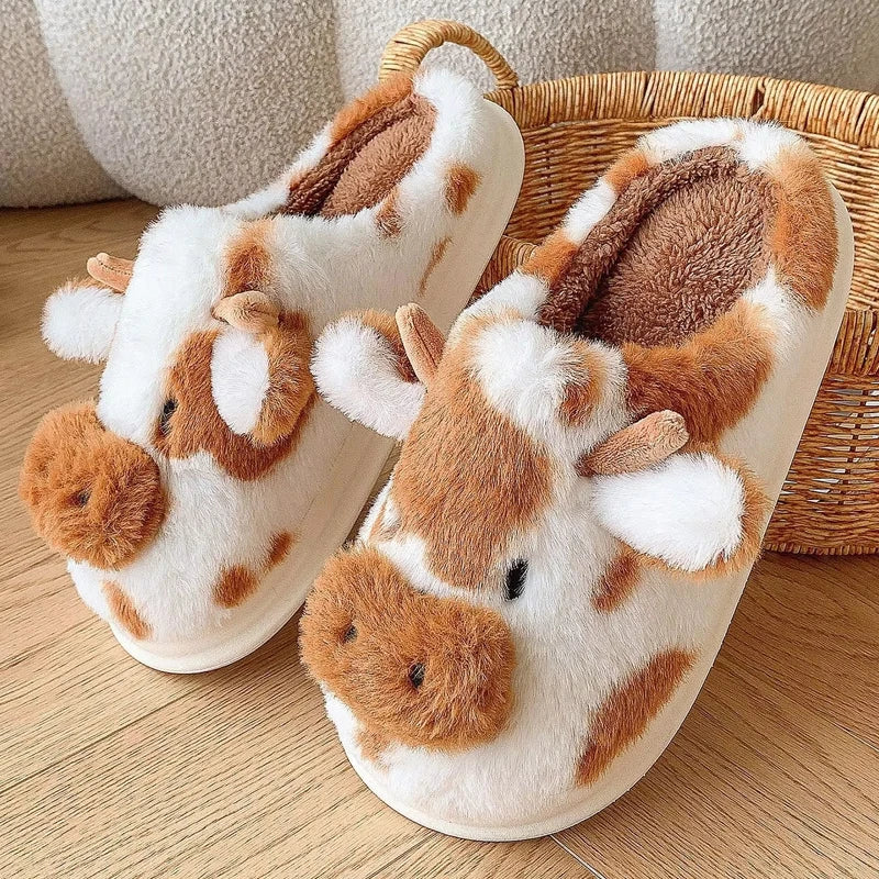 Women's Fluffy Cow Slippers | Cute Plush Winter House Shoes