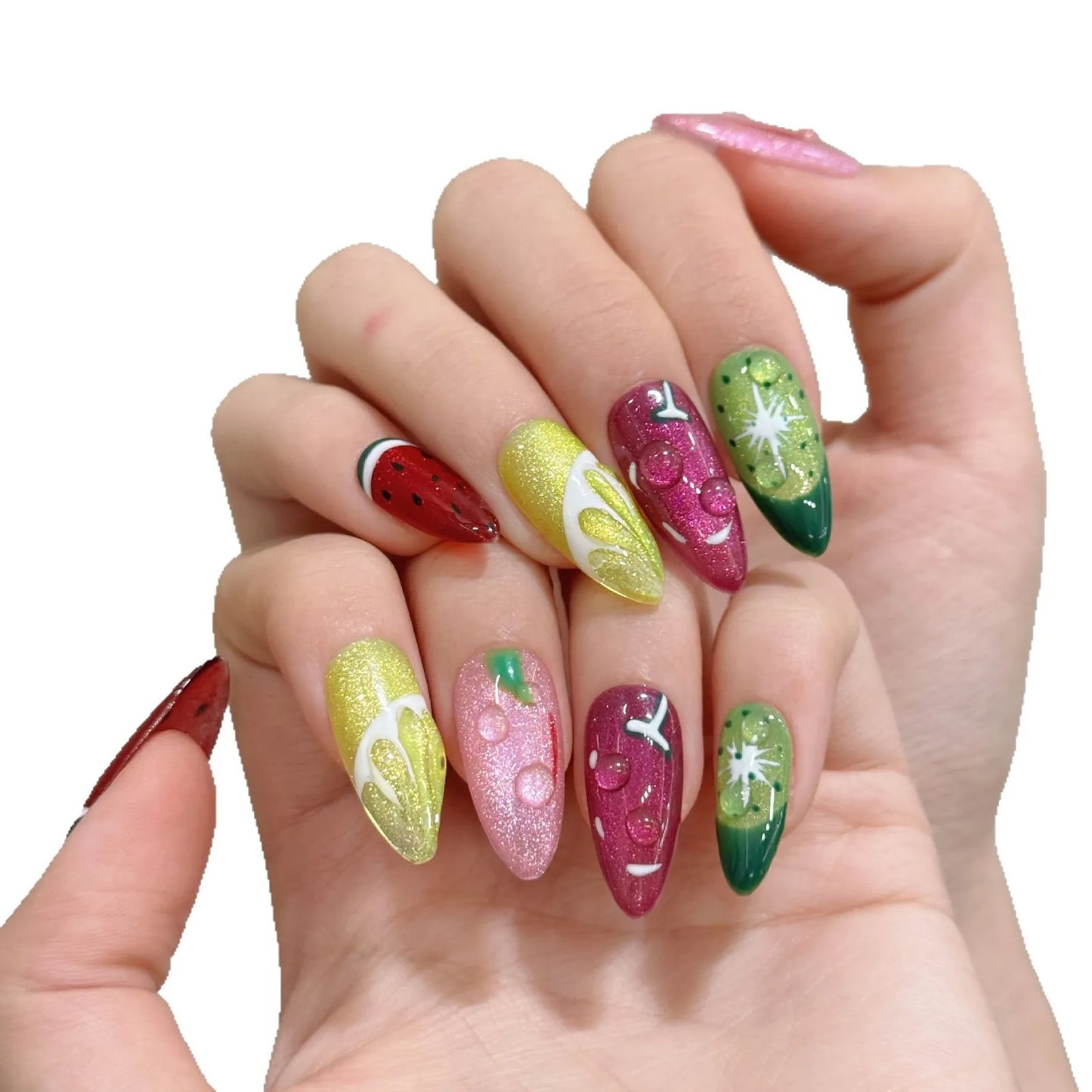 10pcs Handmade Fruit Press on Nails Summer Watermelon and Lemon Fake Nails Wearable Cat Eye Cute False Nail Tips for Girls Peaceful Pleasures Health and Wellness M 1