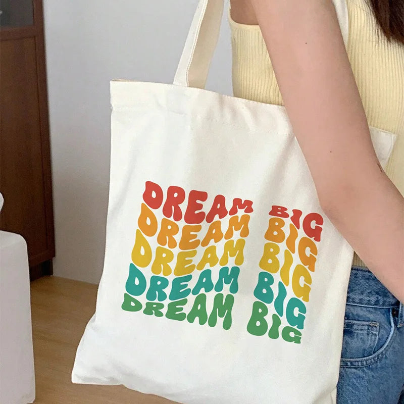 White Retro Canvas Tote Bag – Large Reusable Aesthetic Bag