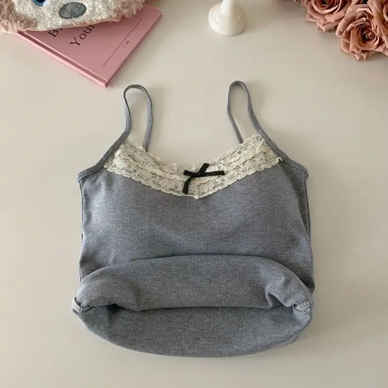 Women's Bow Lace Corset Camisole Crop Top with Chest Pad