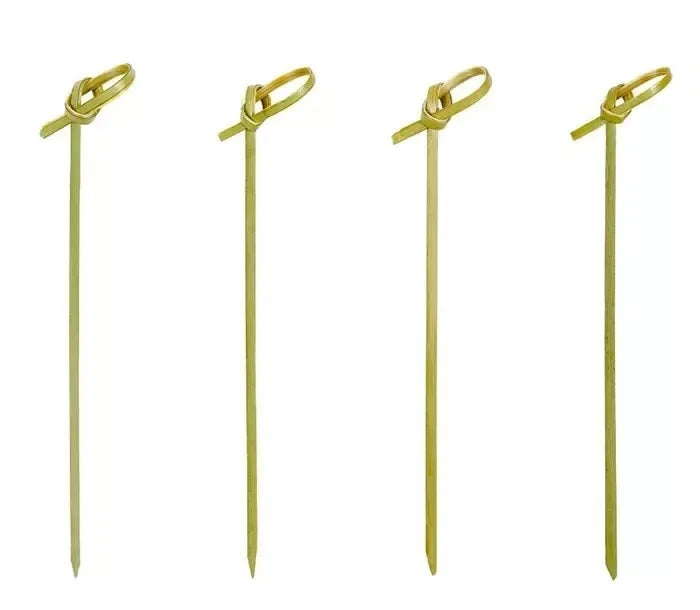 100Pcs Disposable Bamboo Tie Knotted Skewers Twisted Ends Cocktail Food Fruit Picks Fork Sticks Buffet Cupcake Topper Peaceful Pleasures Health and Wellness Green-9cm