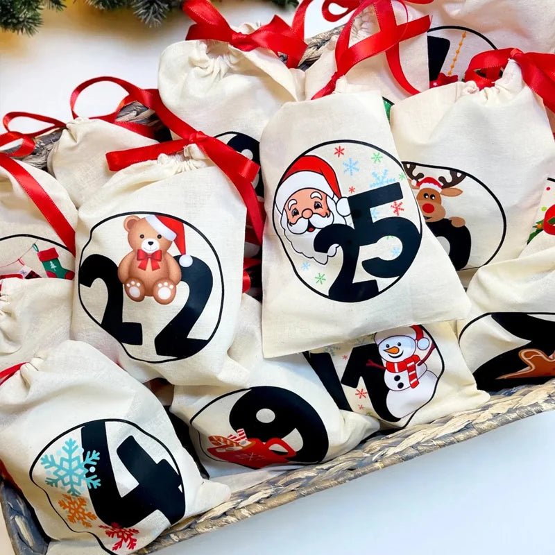 25-Piece Christmas Advent Drawstring Bags | Reusable Gift Pouches Advent Gift Bags Peaceful Pleasures Health and Wellness