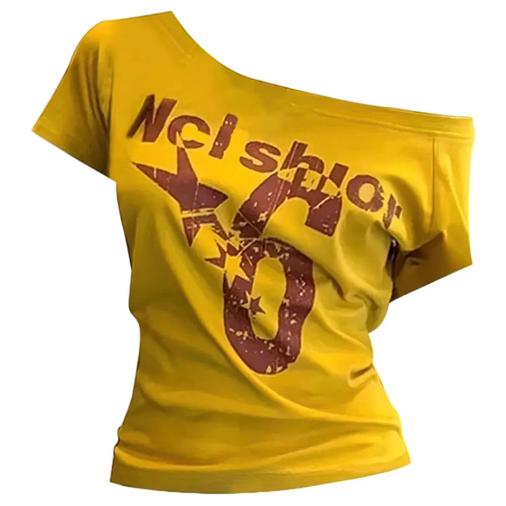Y2K Off Shoulder Crop Top – Letter Print Skew Collar Women's Tee
