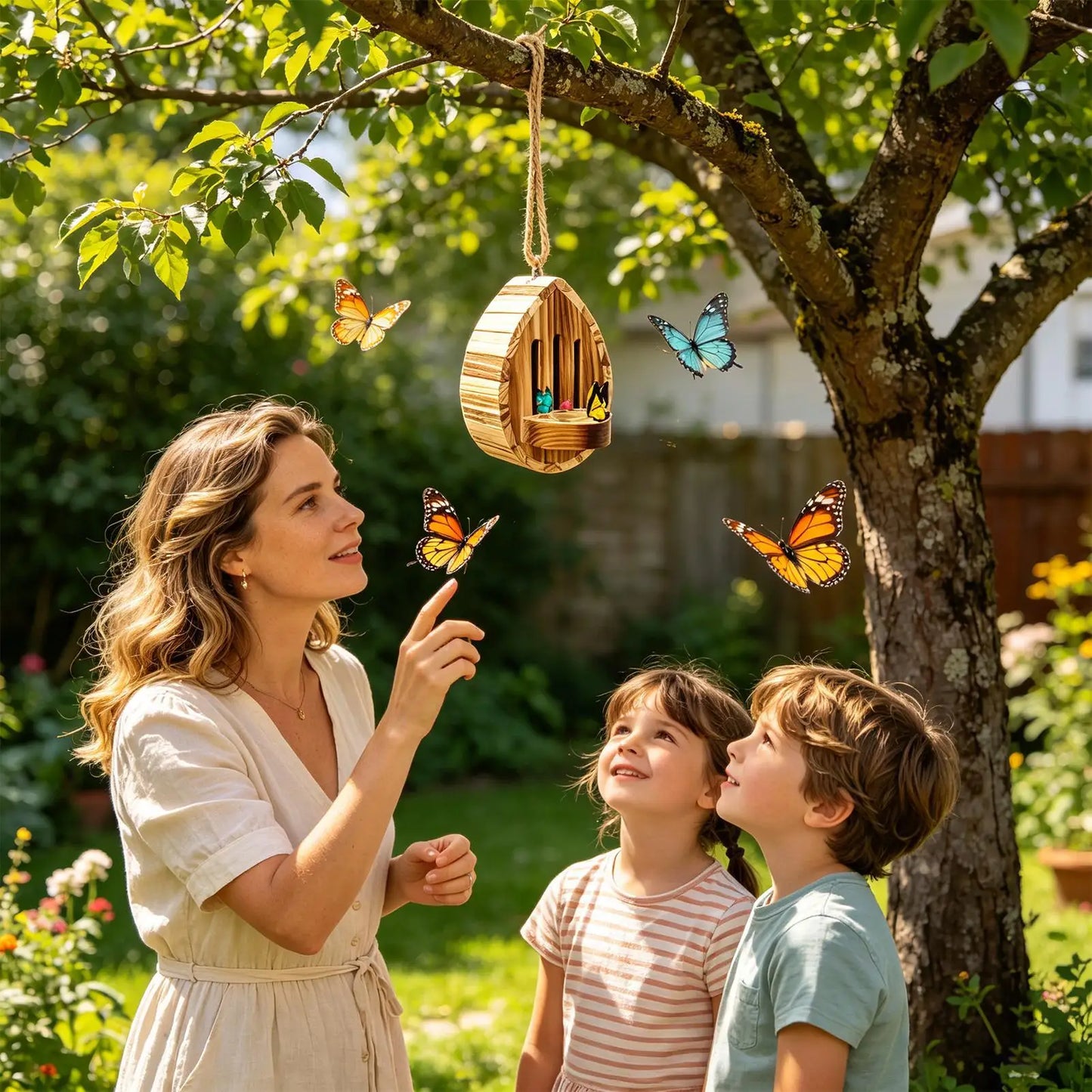 Wooden Teardrop-Shaped Butterfly House Natural Outdoor Decoration For Yard Patio Balcony Garden Pathway, Unique Garden Art Peaceful Pleasures Health and Wellness