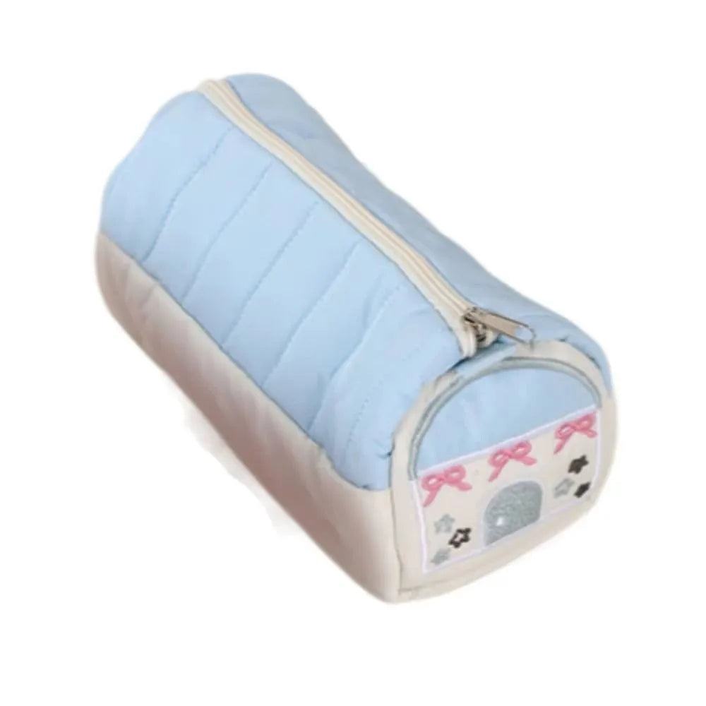 Cute House Shaped Pencil Cases Large Capacity Multi Layer Pen Stationery Storage Bags Creative Embroidery Student Cosmetic Pouch Peaceful Pleasures Health and Wellness Blue-White