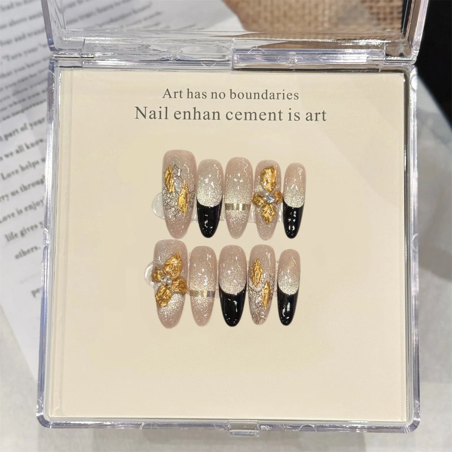 Handmade Press on Nails 3D Hand-carved Petals Decor False Nail Tips Reusable Wearable Retro European French Almond Fake Nails Peaceful Pleasures Health and Wellness S 3