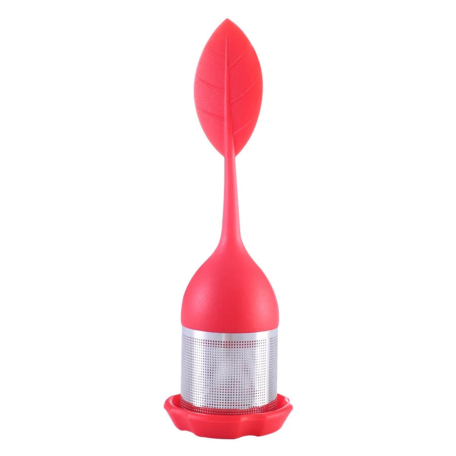 Tea Infuser - Stainless Steel Fine Mesh Tea Filter with BPA-Free Silicone Leaf Handle and Drip Tray for all Loose Leaf Tea Peaceful Pleasures Health and Wellness Red