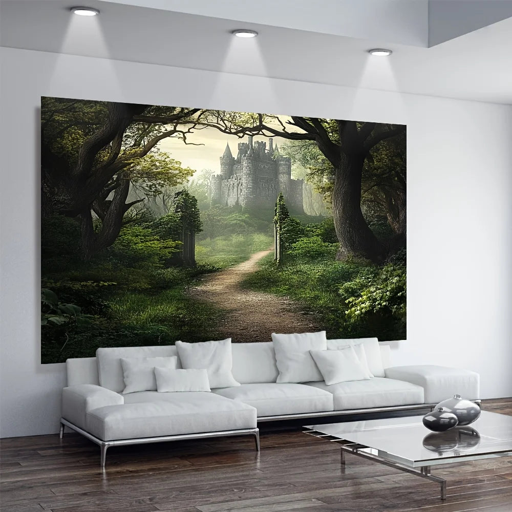 Gothic Medieval Castle Misty Forest Canvas Wall Art | Unframed Canvas Wall Art Peaceful Pleasures Health and Wellness