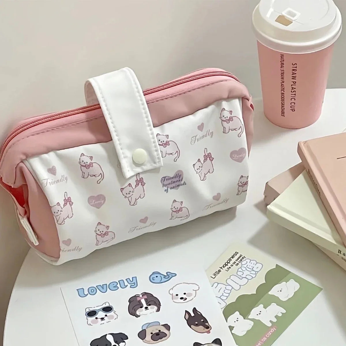 Japanese Dog Pencil Bag Simple Large Capacity Stationery Pouch Storage Bag Pencil Box for Middle High School Students Daily Use Peaceful Pleasures Health and Wellness Pink bow cat