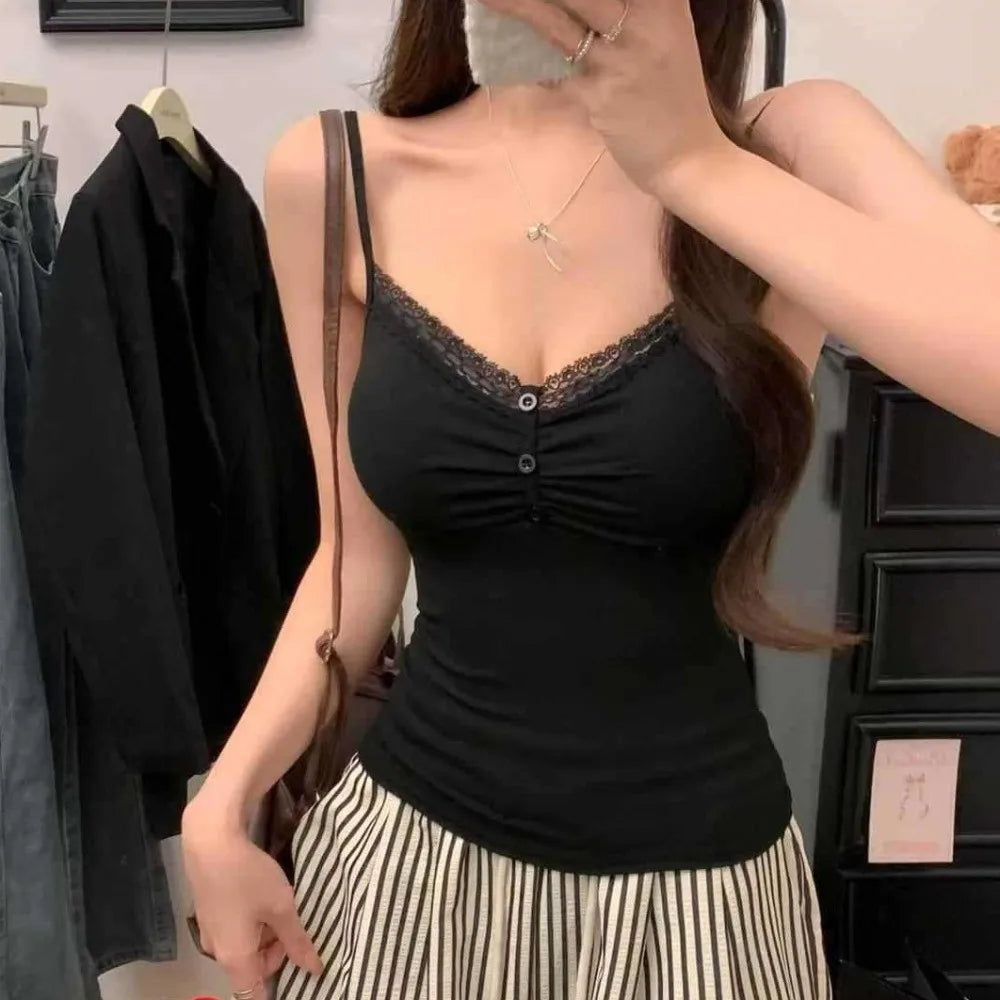 Women's Slim Fit Lace Trim Vest Top – V-Neck with Chest Pad