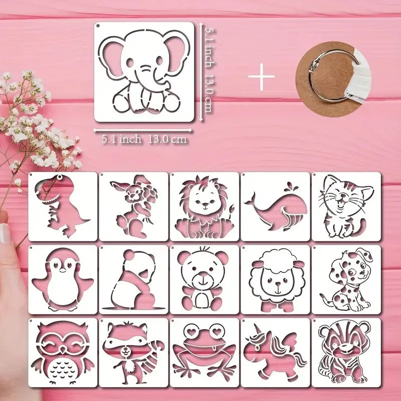 16 Sheets Adorable Cartoon Animal Templates Reusable Stencils Kids