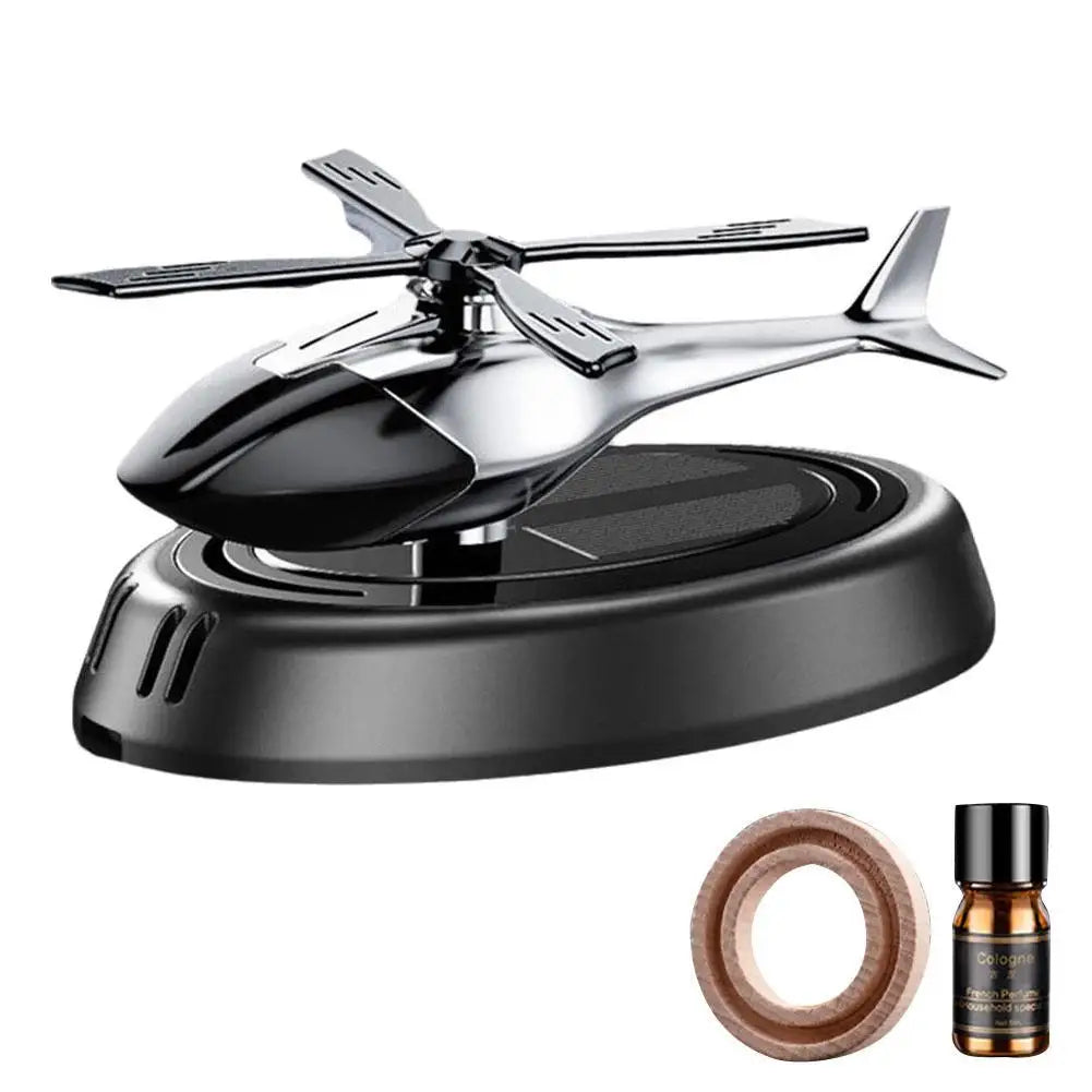 Solar Powered Rotation Helicopter Solar Aromatherapy Car Air Freshener Alloy+ABS Wooden Fragrance Auto Aroma Diffuser Peaceful Pleasures Health and Wellness Black