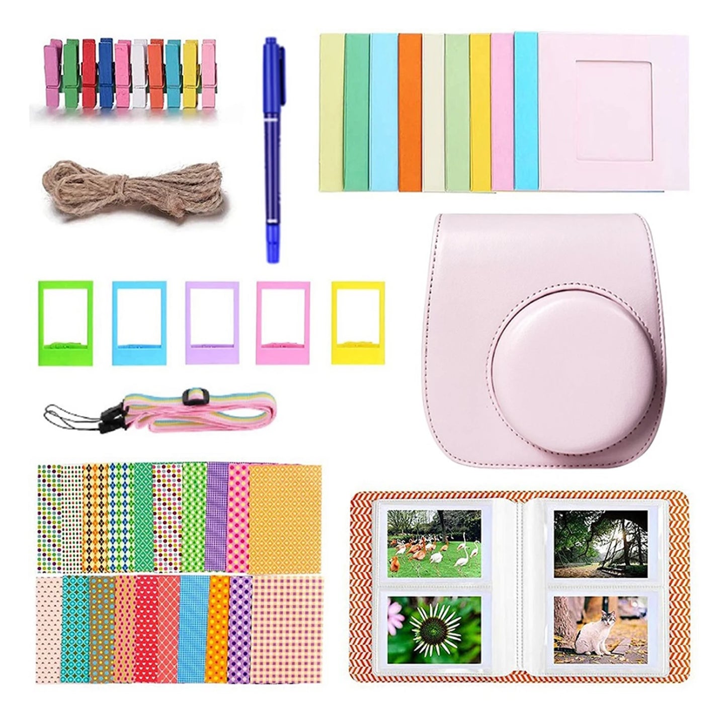 For Instax Mini 12 Protect Carrying Case Anti-Scratch Cameras Protection Bag Retro Flip Camera Bag 8 In 1 Cameras Accessories Peaceful Pleasures Health and Wellness Pink