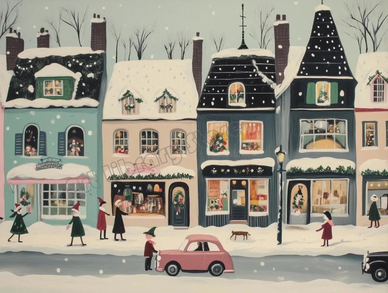 Snowy Christmas Village Canvas Wall Art | Unframed Holiday Print
