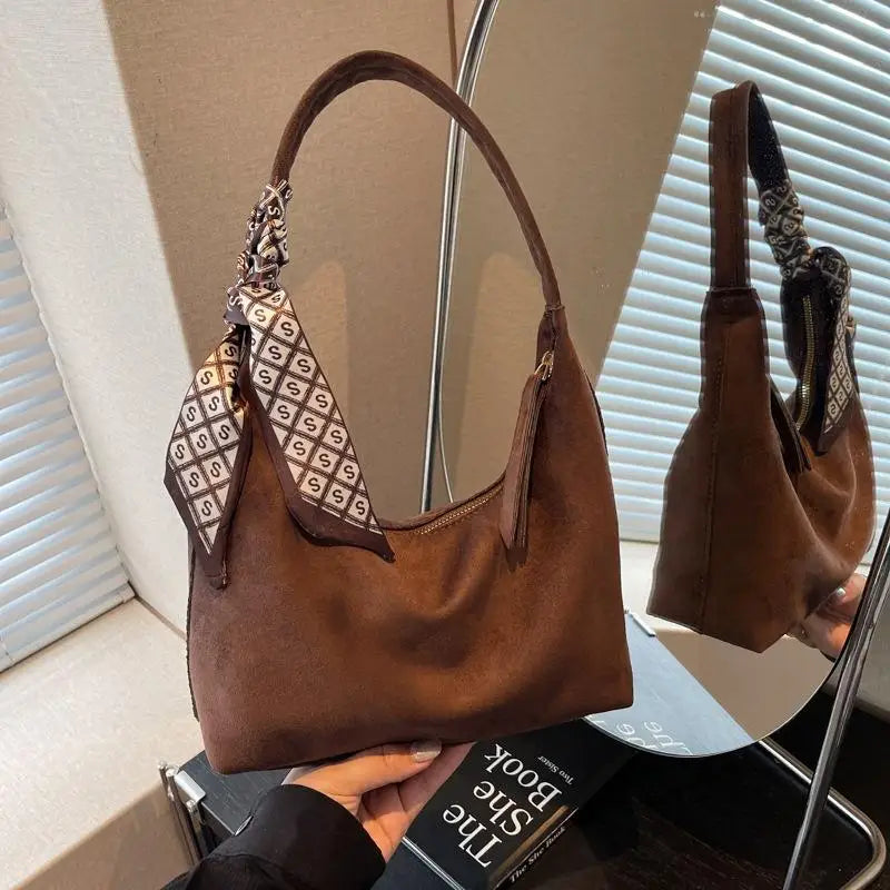 Retro PU Leather Hobo Shoulder Bag with Silk Scarf | Women