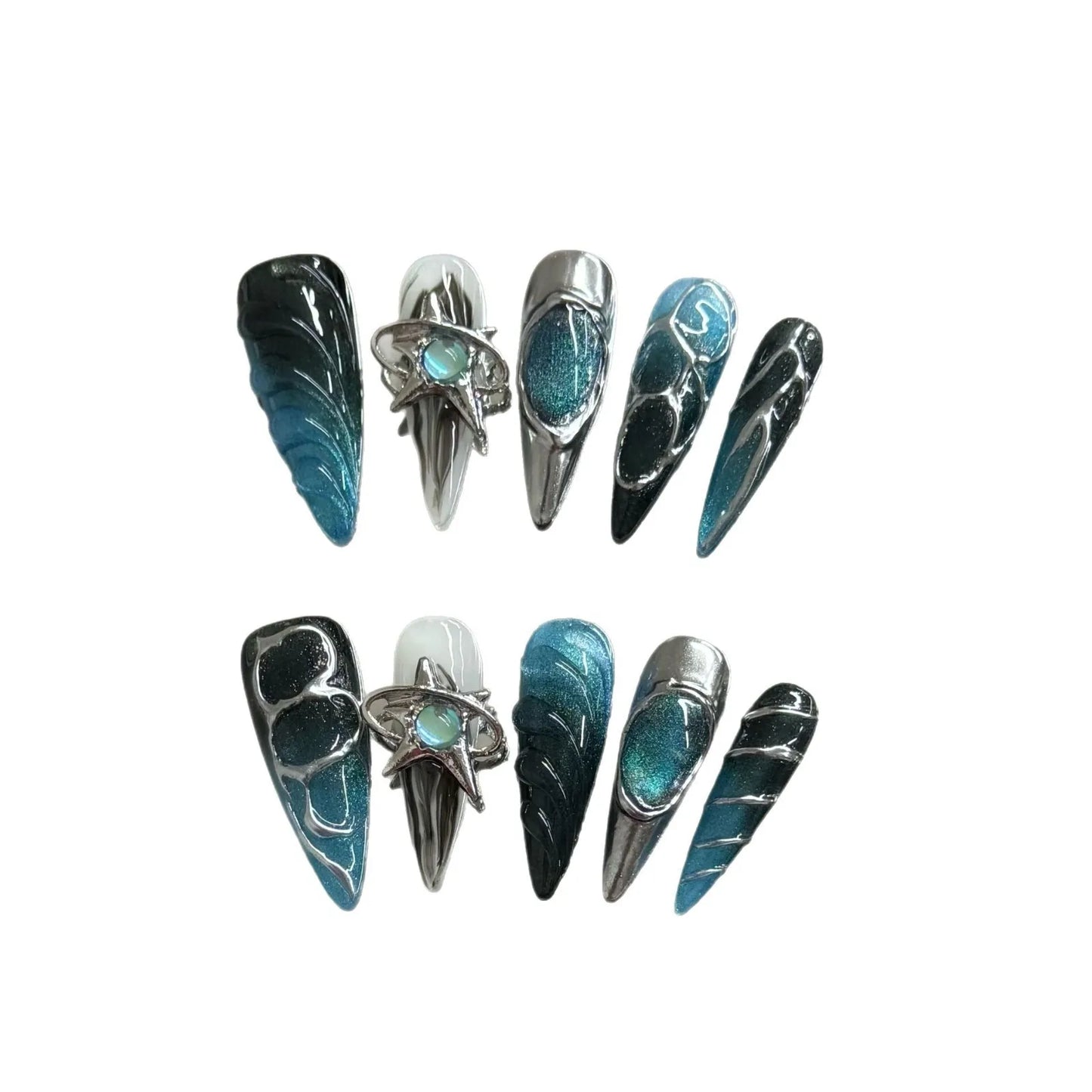 10pcs Handmade Press on Nails Gothic Punk Metal Silver Irregular Lines Fake Nail Tips Wearable Dark Blue Spice Girl False Nails Peaceful Pleasures Health and Wellness S 1