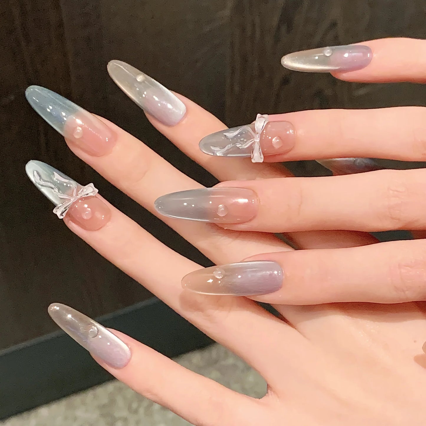 Gradient Blue Press On Nails Pink Bow | Korean Nail Art 10pcs