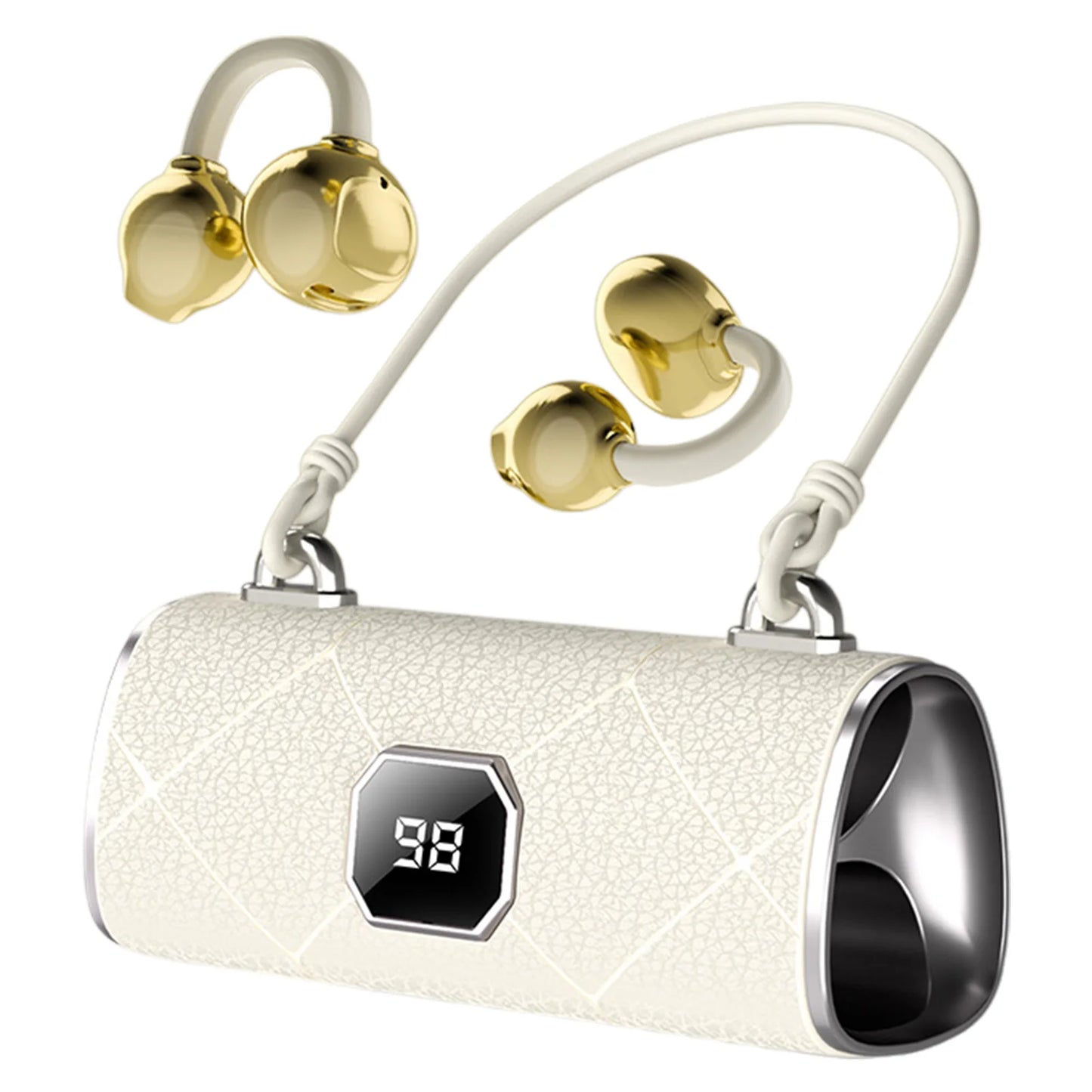 Handbag-Style Wireless Earbuds with LED Power Display BT 6.0 Ear Buds Lightweight Open Ear Headphones for Sports Running Workout Peaceful Pleasures Health and Wellness Ivory